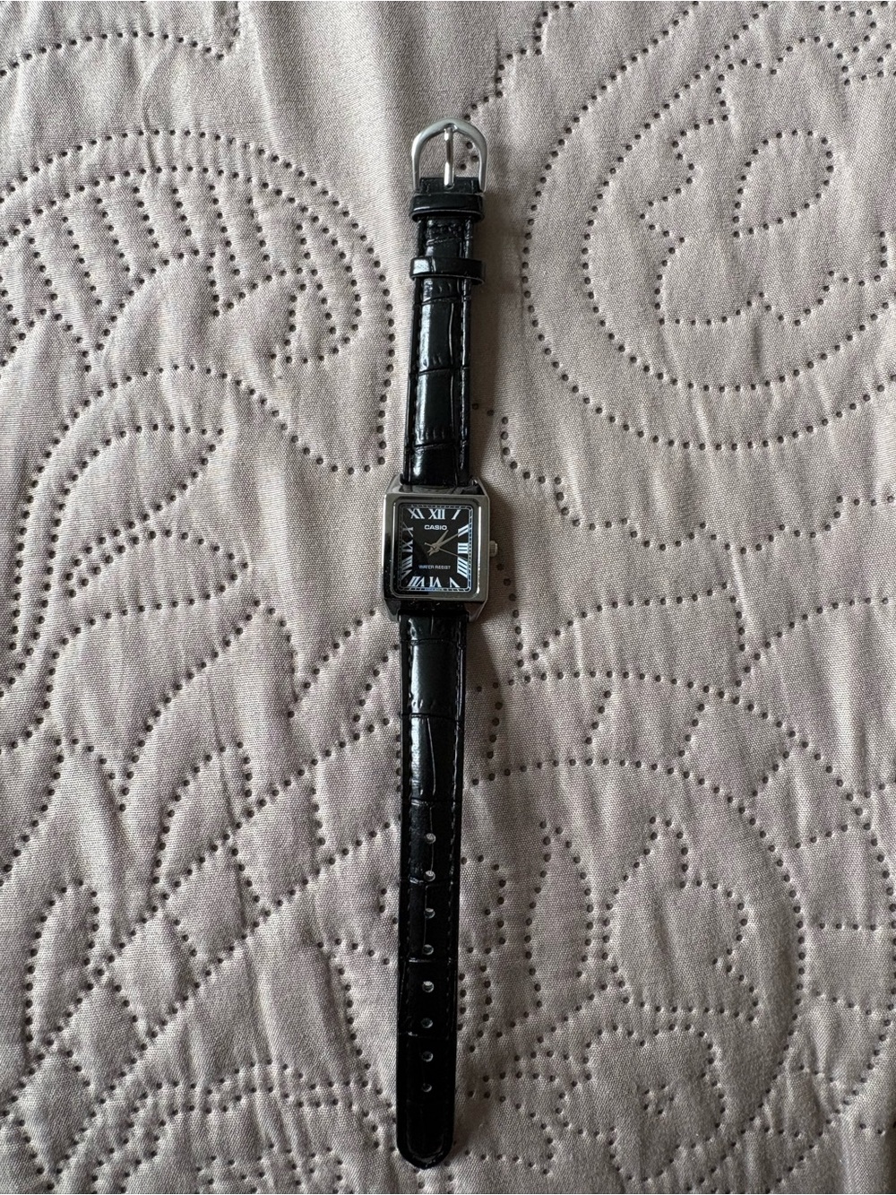 Casio Black Leather Strap Silver Square Watch with Roman Dial